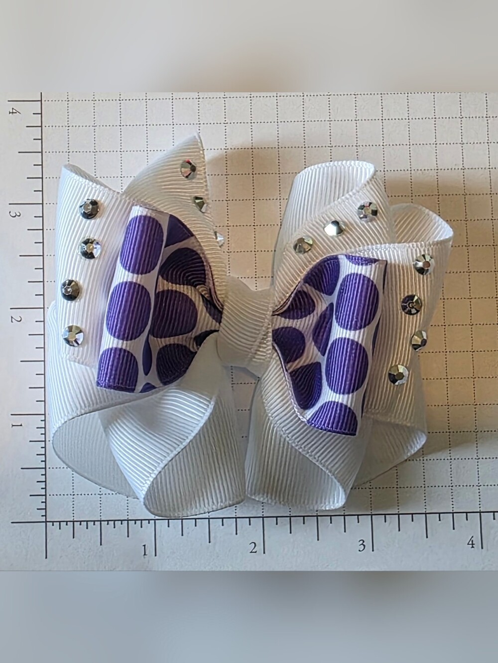 White Grosgrain Bow with Purple Polka Dot Accent and Rhinestones